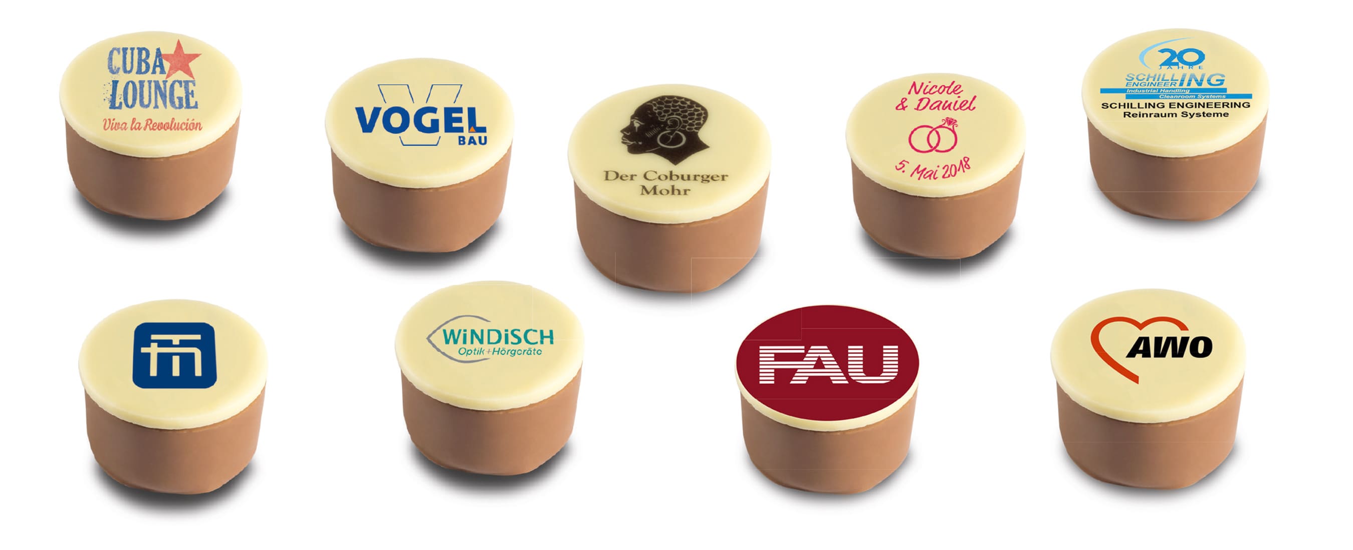 Logopralinen und Trüffel mit verschiedenen Füllungen mit und ohne Alkohol der Esther Confiserie aus Kulmbach in Oberfranken