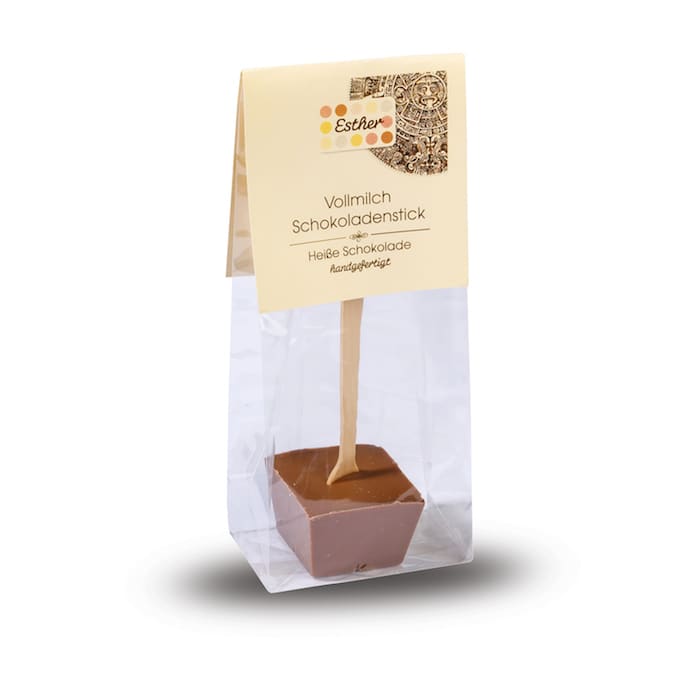 Vollmilchschokoladenstick mit Vollmilchschokolade an einem Holzstil der Esther Confiserie aus Kulmbach in Oberfranken