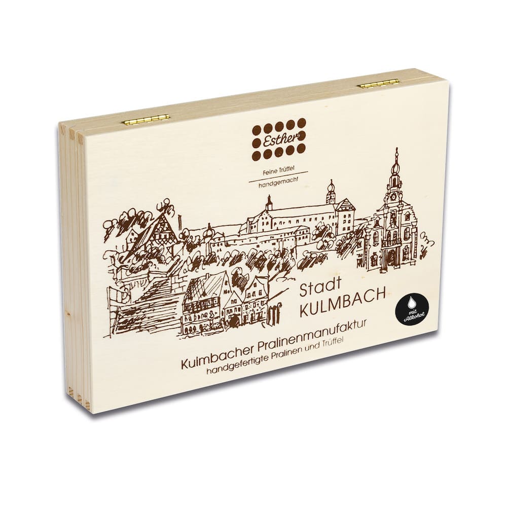 16er Holzkiste mit original Kulmbacher Pralinen und Trüffel mit Alkohol der Esther Confiserie