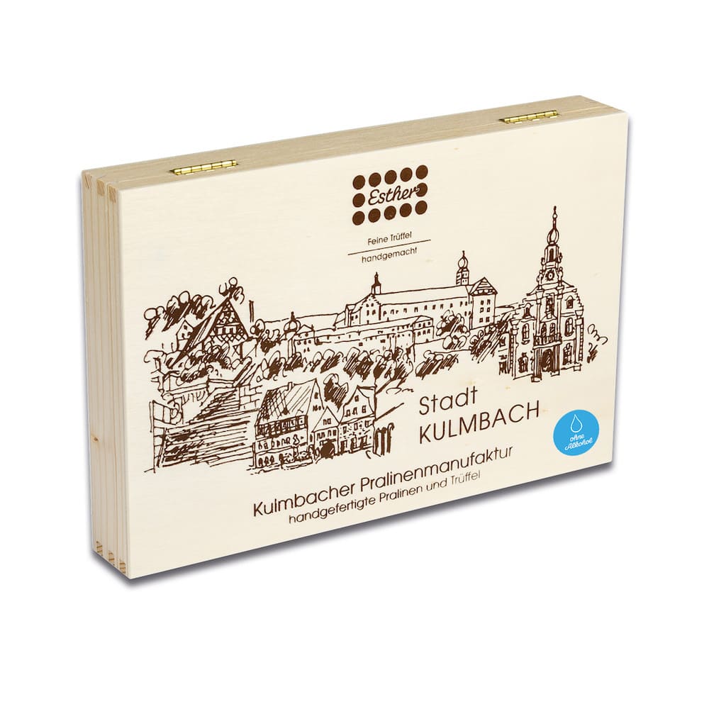 24er Holzkiste mit original Kulmbacher Pralinen und Trüffel ohne Alkohol der Esther Confiserie