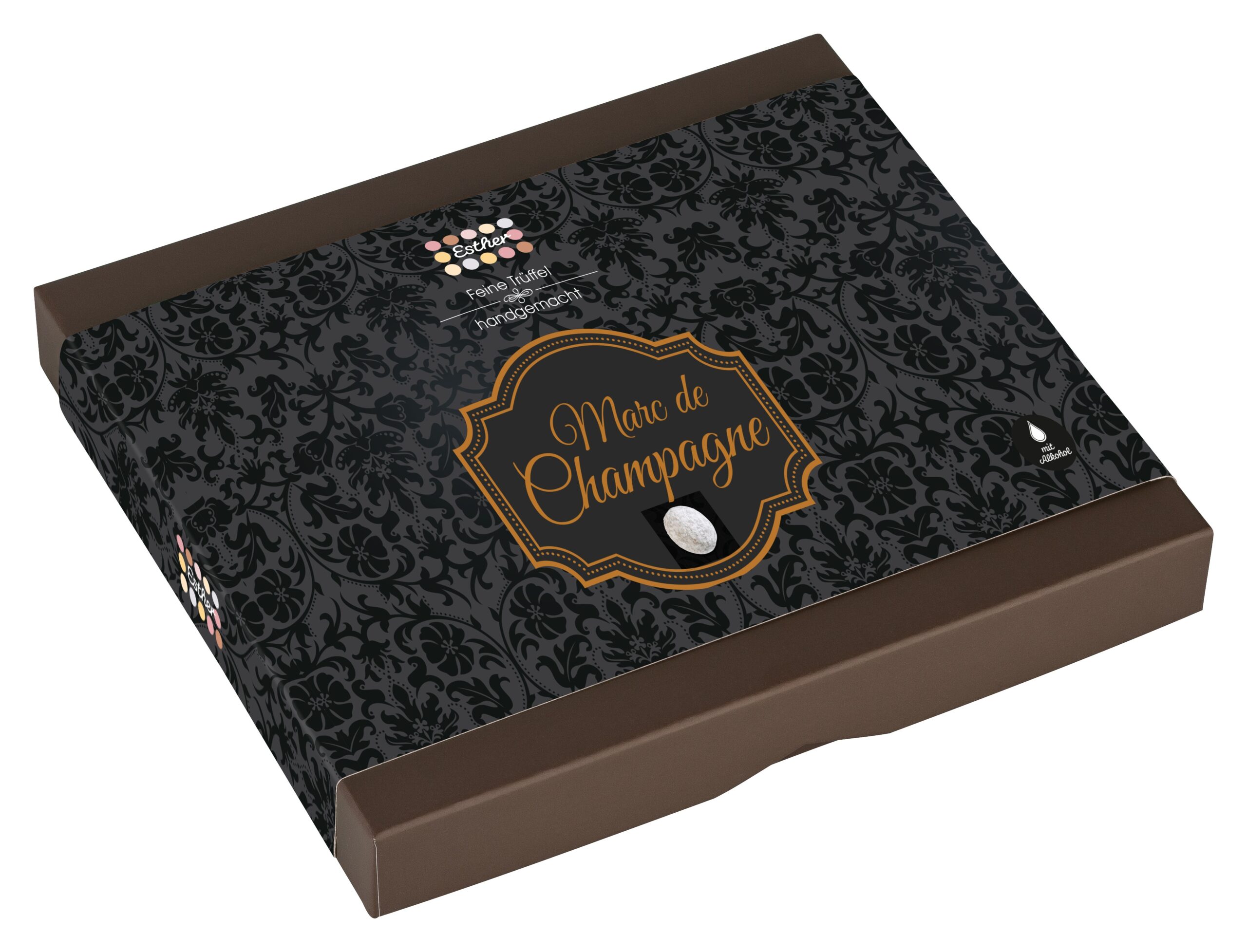 Esther Marc de Champagne Trüffel 16er Klassikpackung mit Alkohol in Vollmilchschokolade