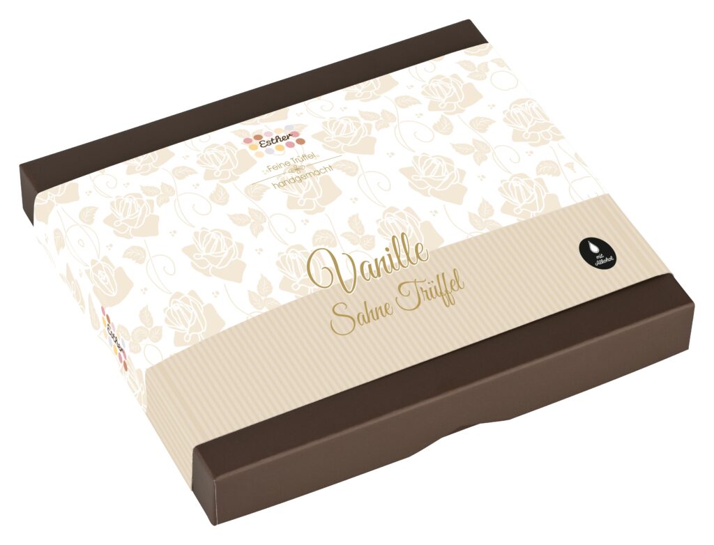 16er Pralinen Packung Vanille Sahne Trüffel. Feine Trüffel, handgemacht in der Esther Confiserie. Pralinen mit Alkohol.