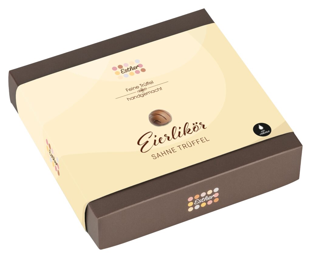 9er Klassikpackung Esther Eierlikör Sahne Trüffel mit 9 zartschmelzenden Pralinen.
