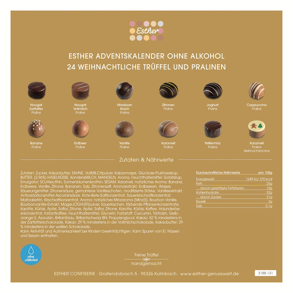 Esther Adventskalender ohne Alkohol 24 weihnachtliche Pralinen und Trüffel – Bild 4
