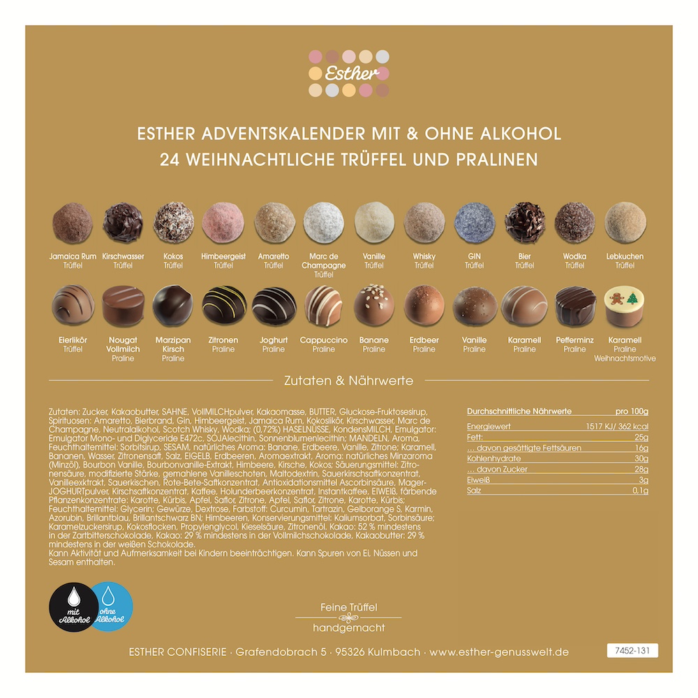 Esther Adventskalender mit / ohne Alkohol 24 weihnachtliche Pralinen und Trüffel – Bild 4
