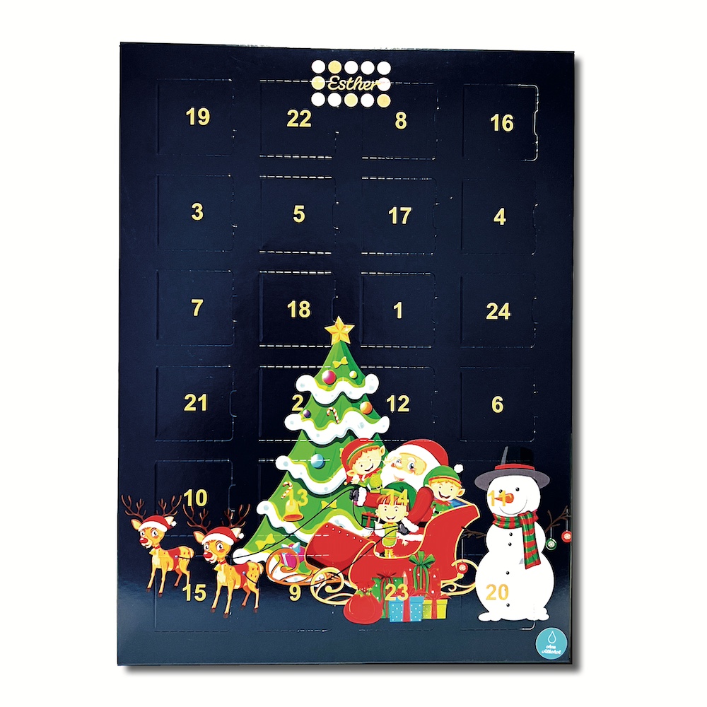 Esther Adventskalender ohne Alkohol 24 weihnachtliche Pralinen und Trüffel Motiv Weihnachtsmann mit Schlitten