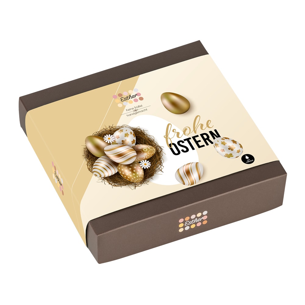 9er Ostern Pralinenpackung der Esther Confiserie mit 9 edlen Pralinen und Trüffel mit Alkohol
