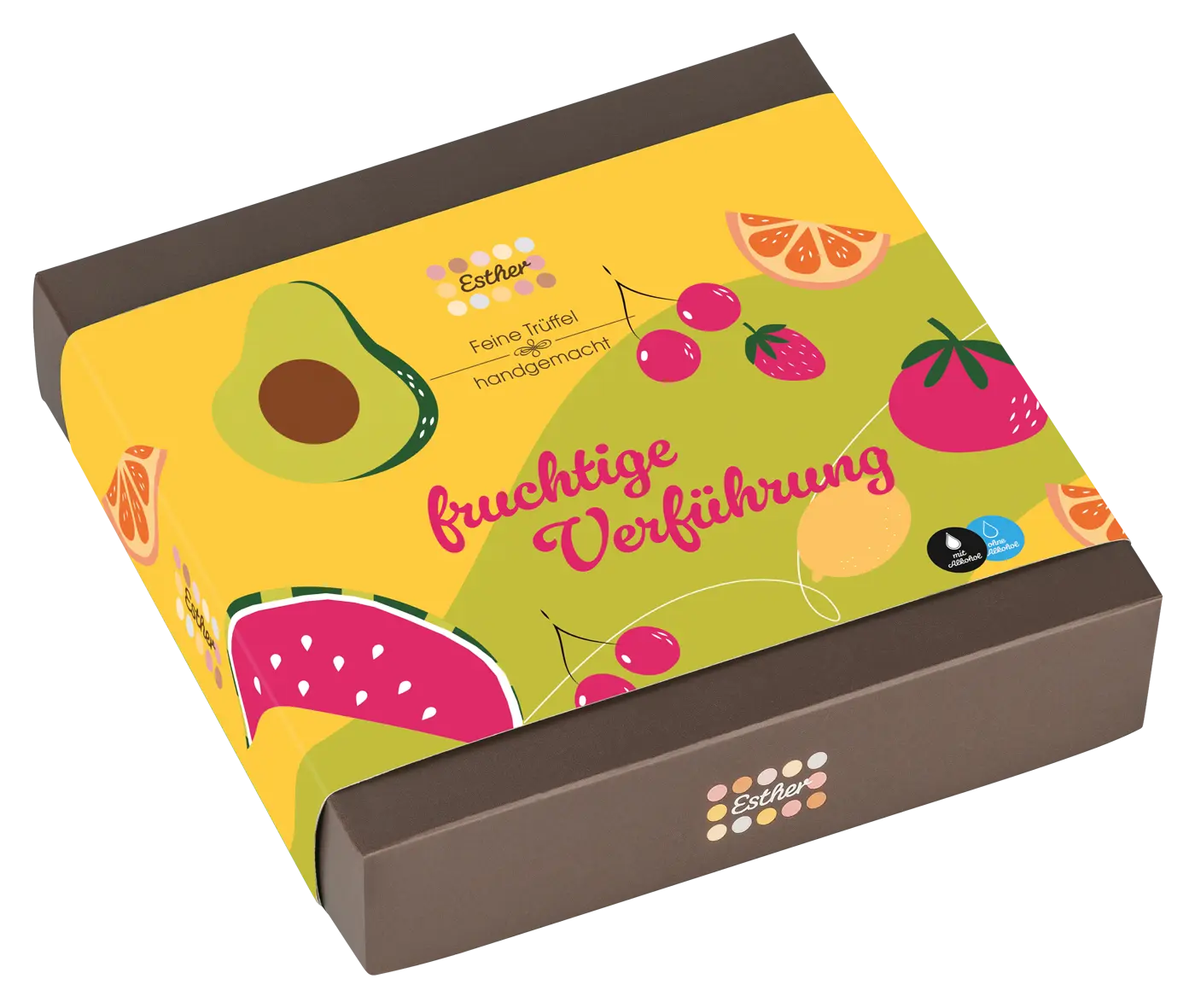 Esther Fruchtige Verführung 9er Präsentpackung mit / ohne Alkohol - Trüffel & Pralinen Mix